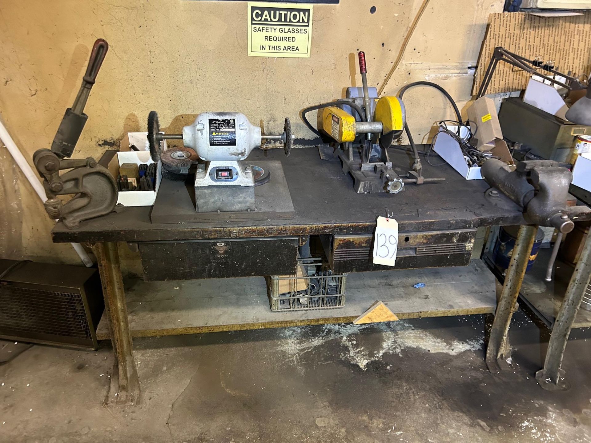 Work Bench Table and Contents, Dual Grinder, Vise, Metal Cutting Saw