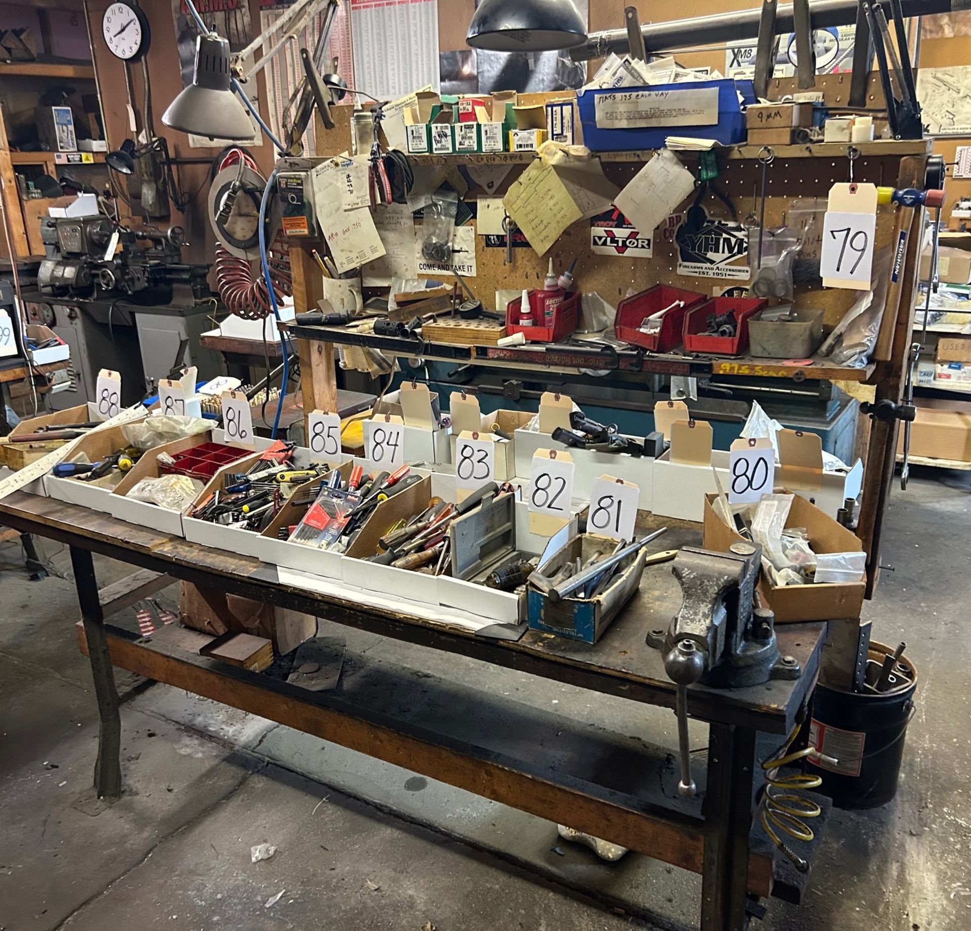 Table w/ Vise & Air Line Hook-ups & Contents of Upper Peg Board