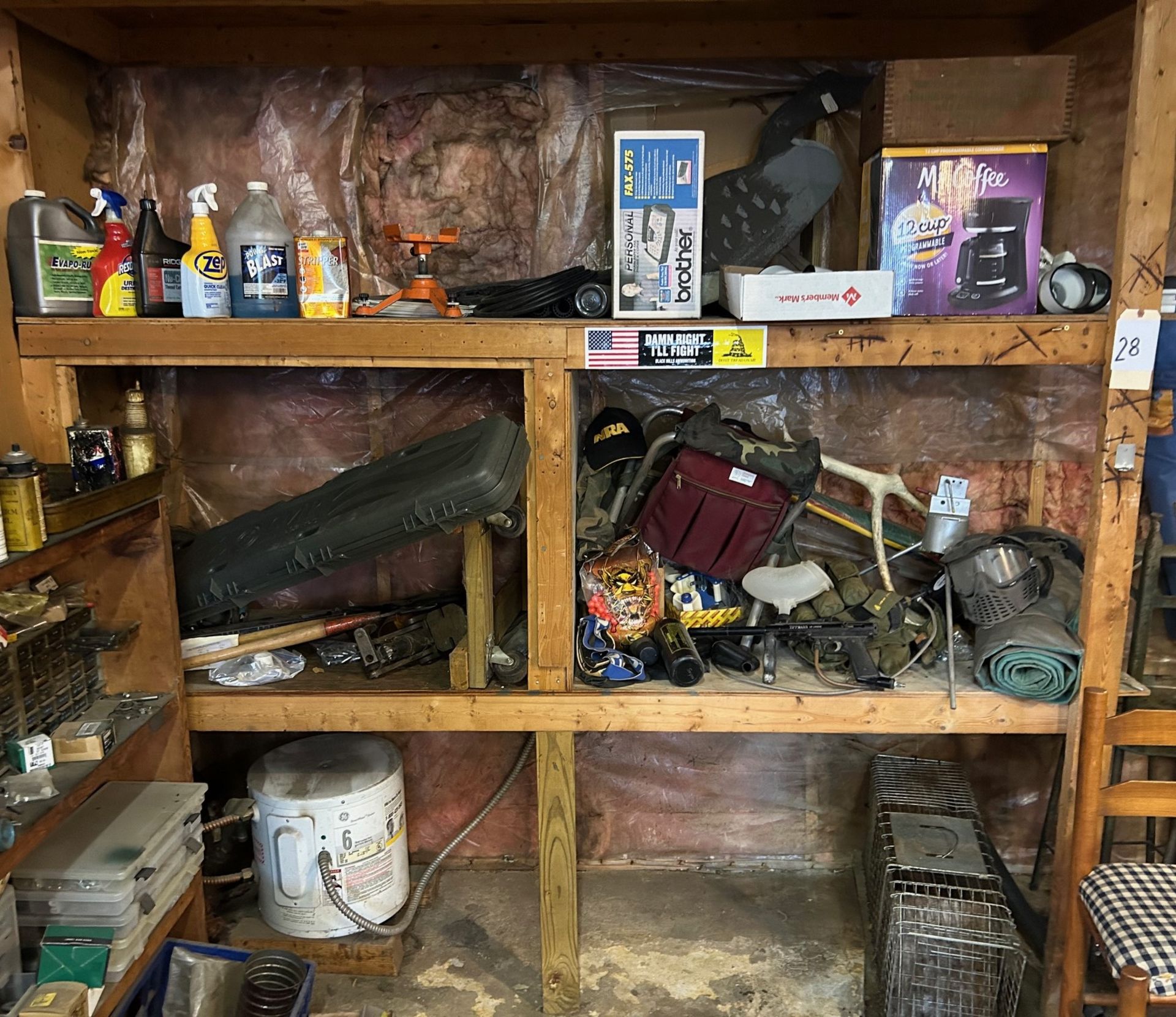 Contents of Wooden Shelf, Paint Ball Gun, Jack Stand and other items