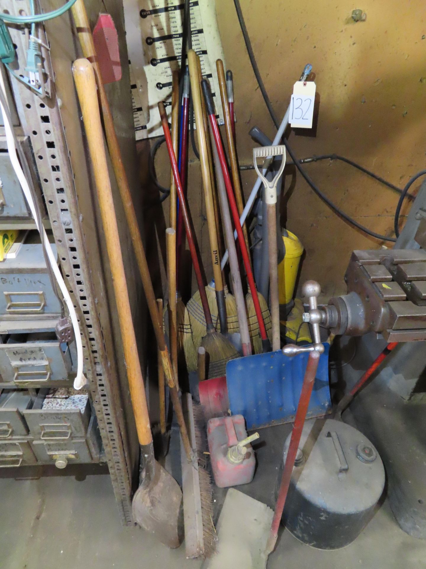 Various Brooms, Shovels, Gas Cans, Vacuum