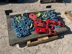 MISC PALLET OF CHAINS, HOOKS AND SNATCH BLOCKS