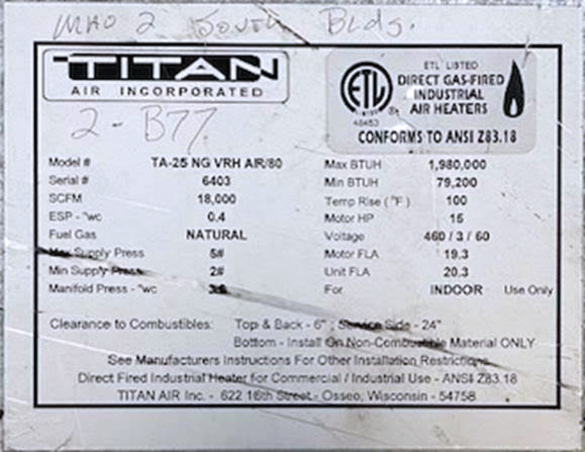 Titan TA-20 NG VRH AR180 Direct Gas-Fired Industrial Air Heater/Handler (3) - Bild 3 aus 3