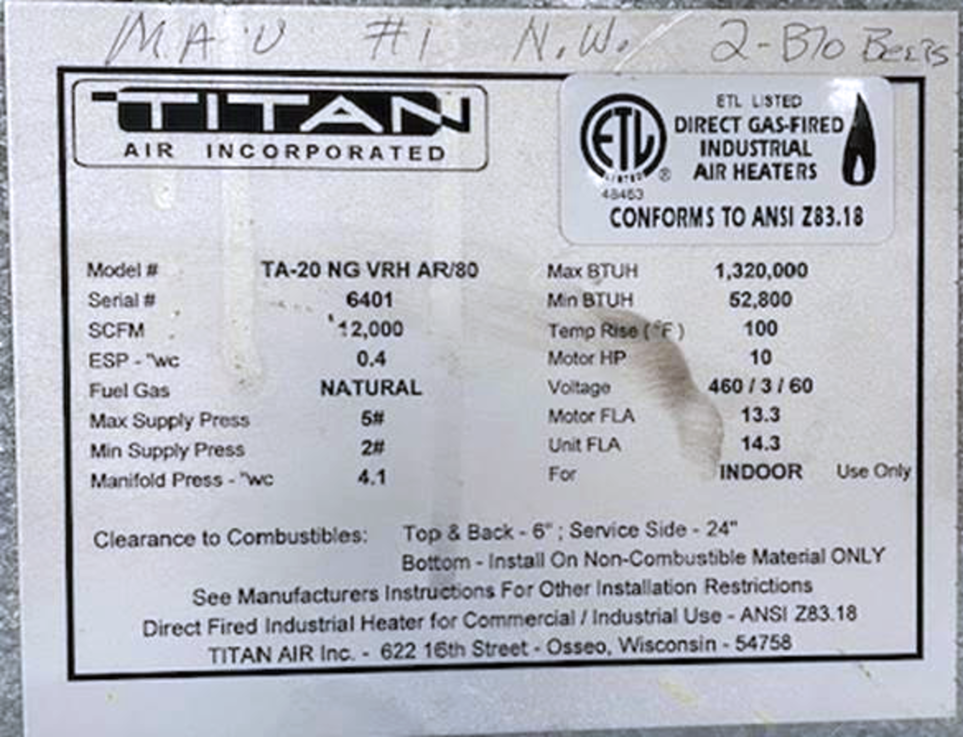 Titan TA-20 NG VRH AR180 Direct Gas-Fired Industrial Air Heater/Handler - Bild 3 aus 3