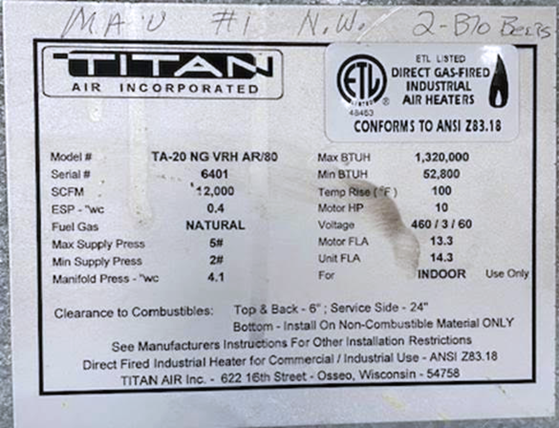 Titan TA-20 NG VRH AR180 Direct Gas-Fired Industrial Air Heater/Handler - Image 3 of 3