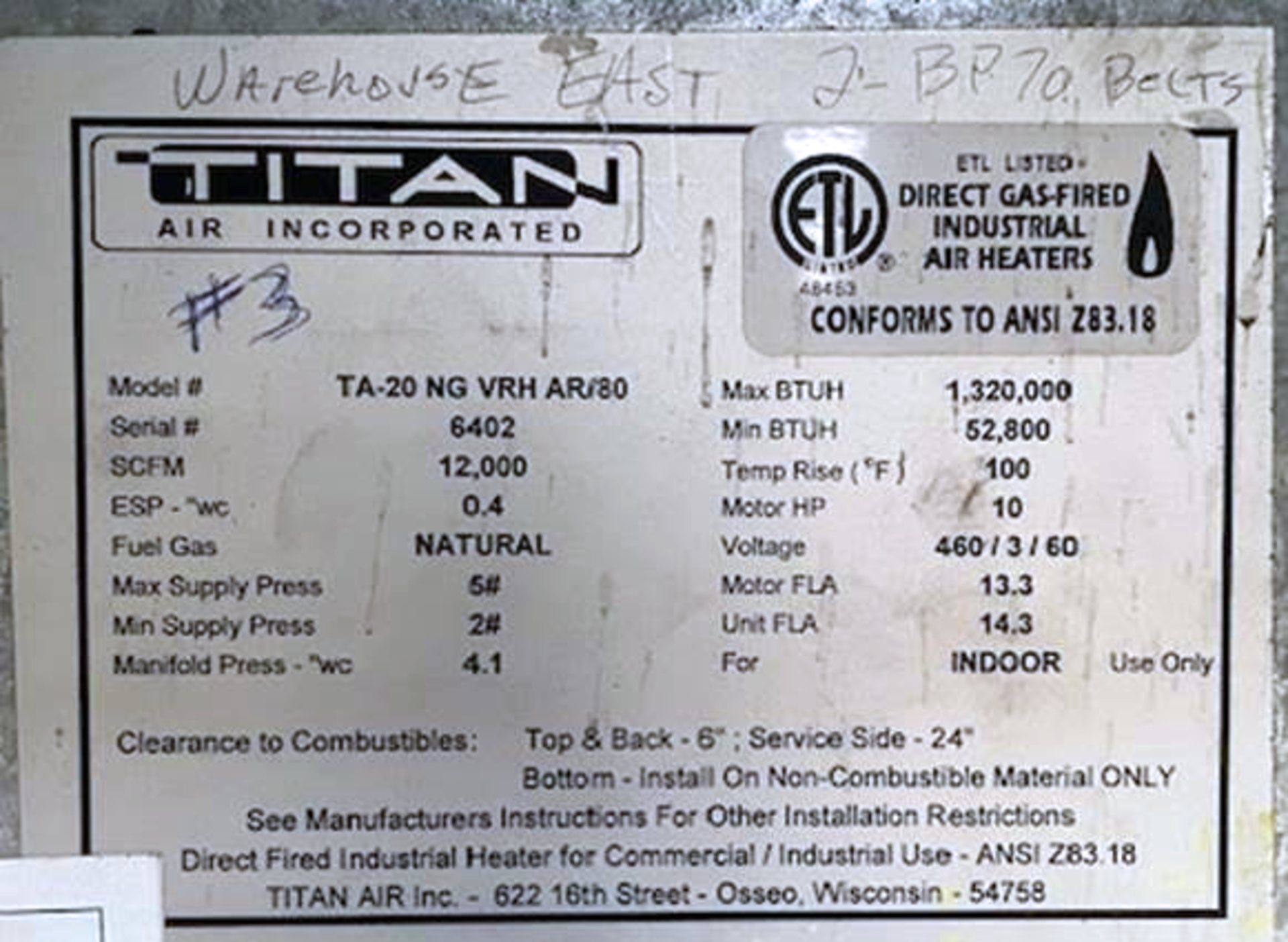 Titan TA-20 NG VRH AR180 Direct Gas-Fired Industrial Air Heater/Handler (2) - Image 3 of 3