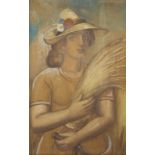 Prosper DE TROYER (1880-1961), pastel on panel Peasant girl with hat, signed and dated 1945