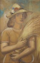 Prosper DE TROYER (1880-1961), pastel on panel Peasant girl with hat, signed and dated 1945