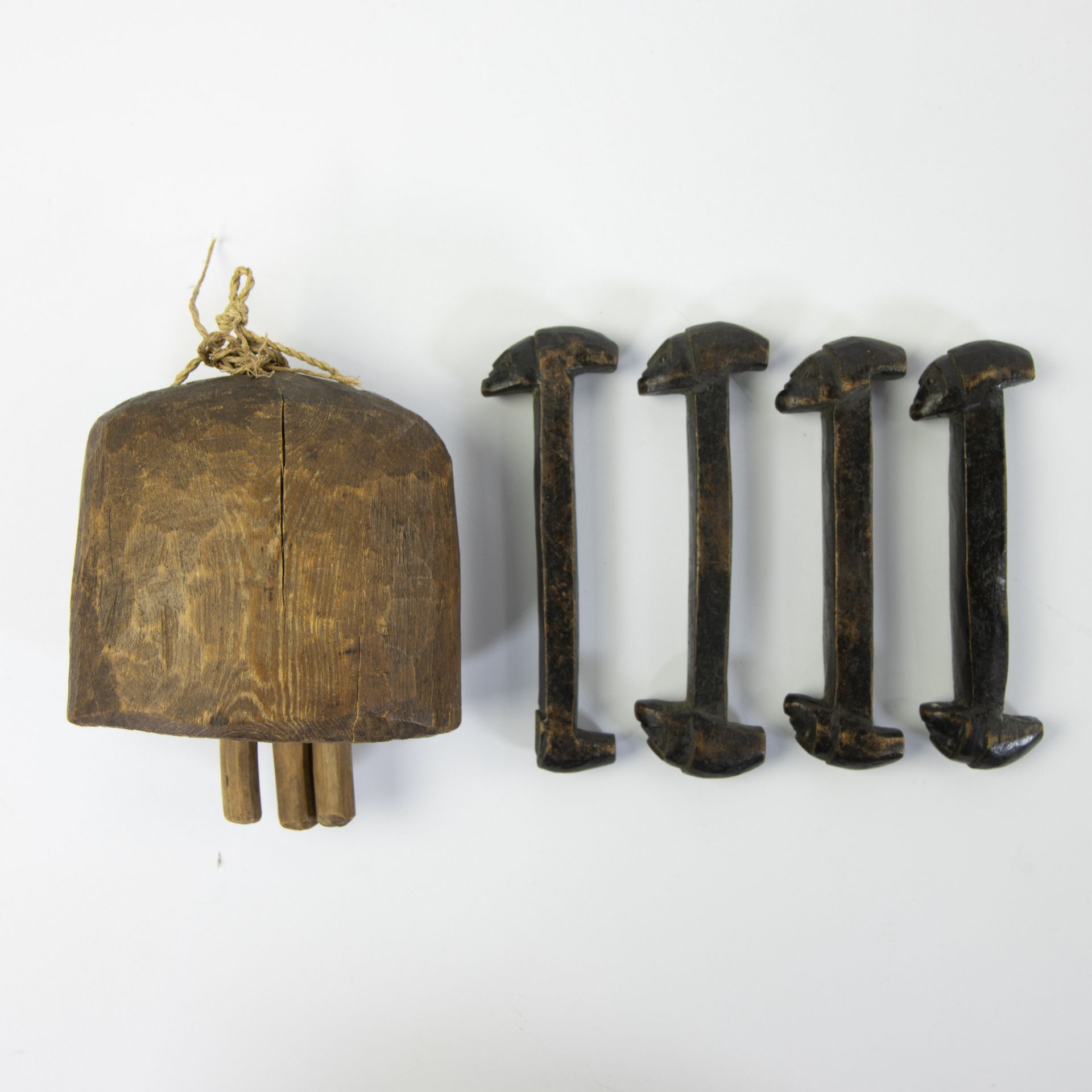 Tribal objects from Kilo-Moto (Belgian Congo) period 1927, 4 rattles and wooden bell - Image 3 of 3