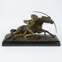 Edouard DROUOT (1859-1945), patinated bronze sculpture Indien et son cheval à l'affot on marble plin