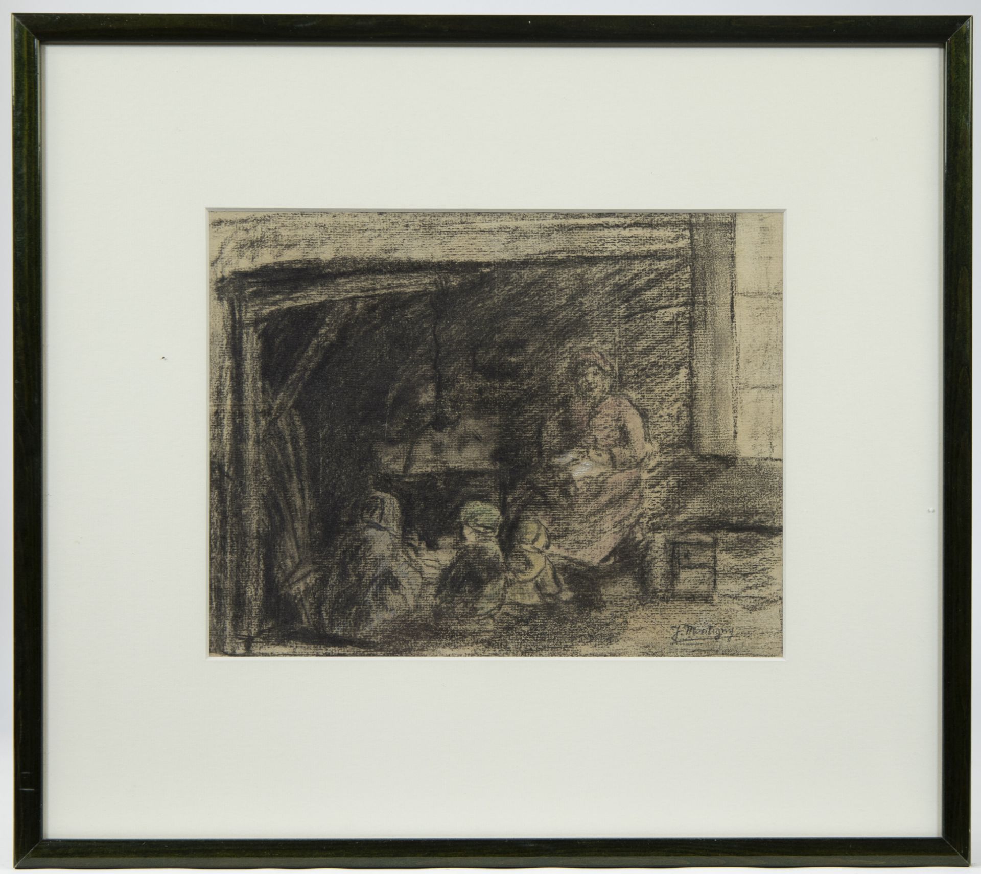 Jenny MONTIGNY (1875-1937), charcoal drawing Domestic scene by the fireplace, signed - Bild 2 aus 3