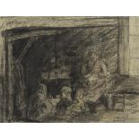 Jenny MONTIGNY (1875-1937), charcoal drawing Domestic scene by the fireplace, signed
