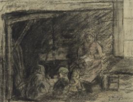 Jenny MONTIGNY (1875-1937), charcoal drawing Domestic scene by the fireplace, signed