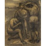 Hubert MALFAIT (1898-1971), charcoal drawing Nudes in the field, signed