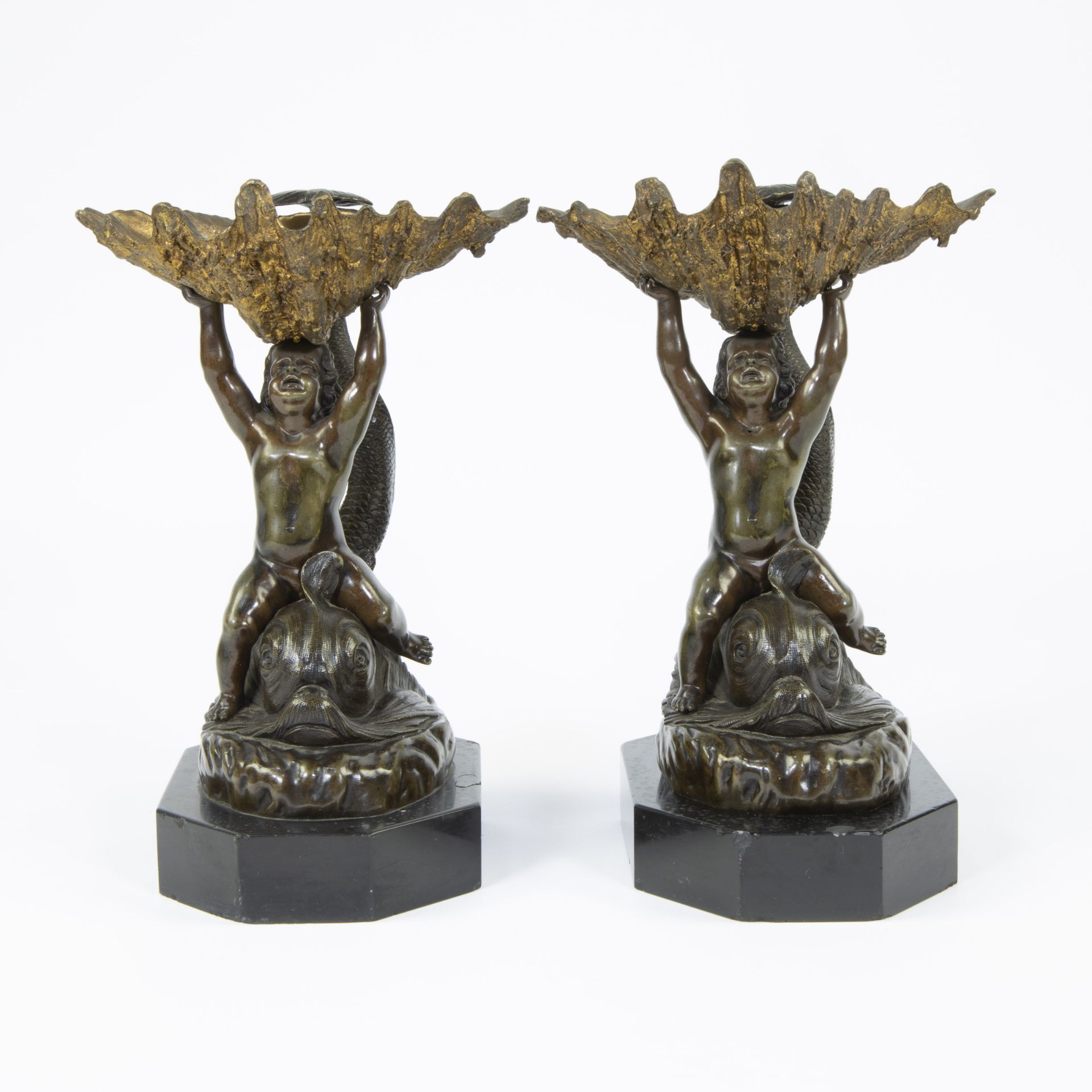 Pair of bronze putti on dolphins, Italian Renaissance, late 18th early 19th century