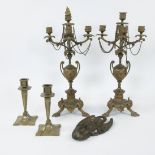 2 pairs of candlesticks, one marked E Hofter (bronze and brass) and a 19th century bronze holy water