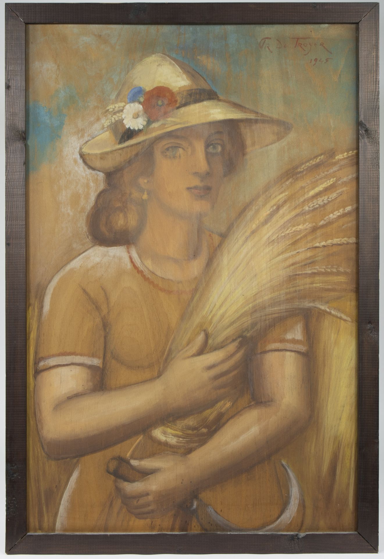 Prosper DE TROYER (1880-1961), pastel on panel Peasant girl with hat, signed and dated 1945 - Bild 2 aus 4