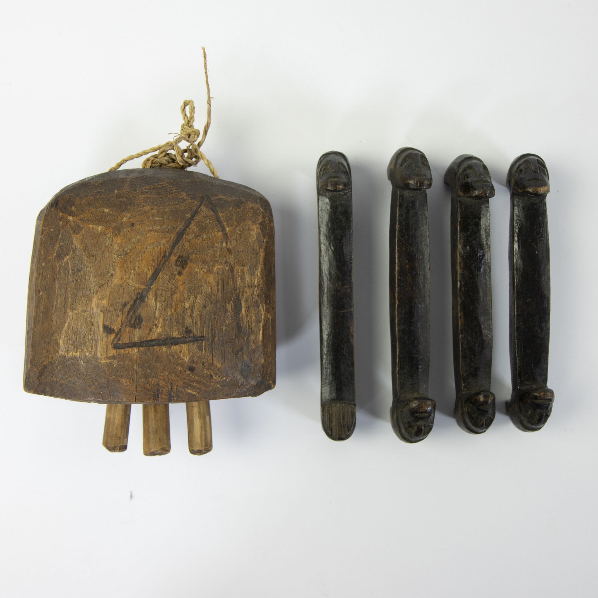 Tribal objects from Kilo-Moto (Belgian Congo) period 1927, 4 rattles and wooden bell