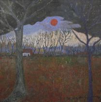 Benny VAN GROENINGEN (1946), oil on canvas Landscape with red sun, signed and dated '77
