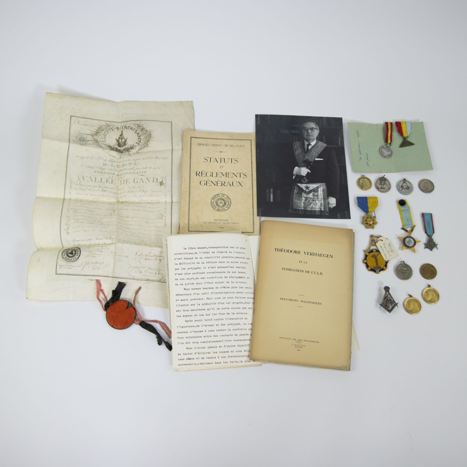 Collection of Lodge items, tokens, documents and 18th century document with seal