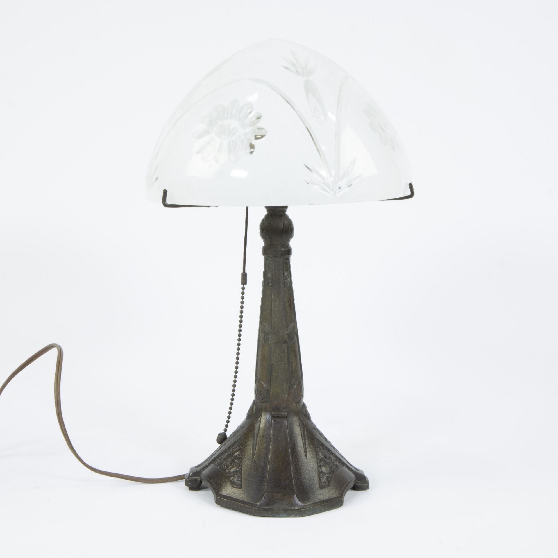 Art Deco mushroom lamp with bronze base and glass shade