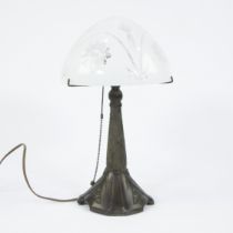 Art Deco mushroom lamp with bronze base and glass shade