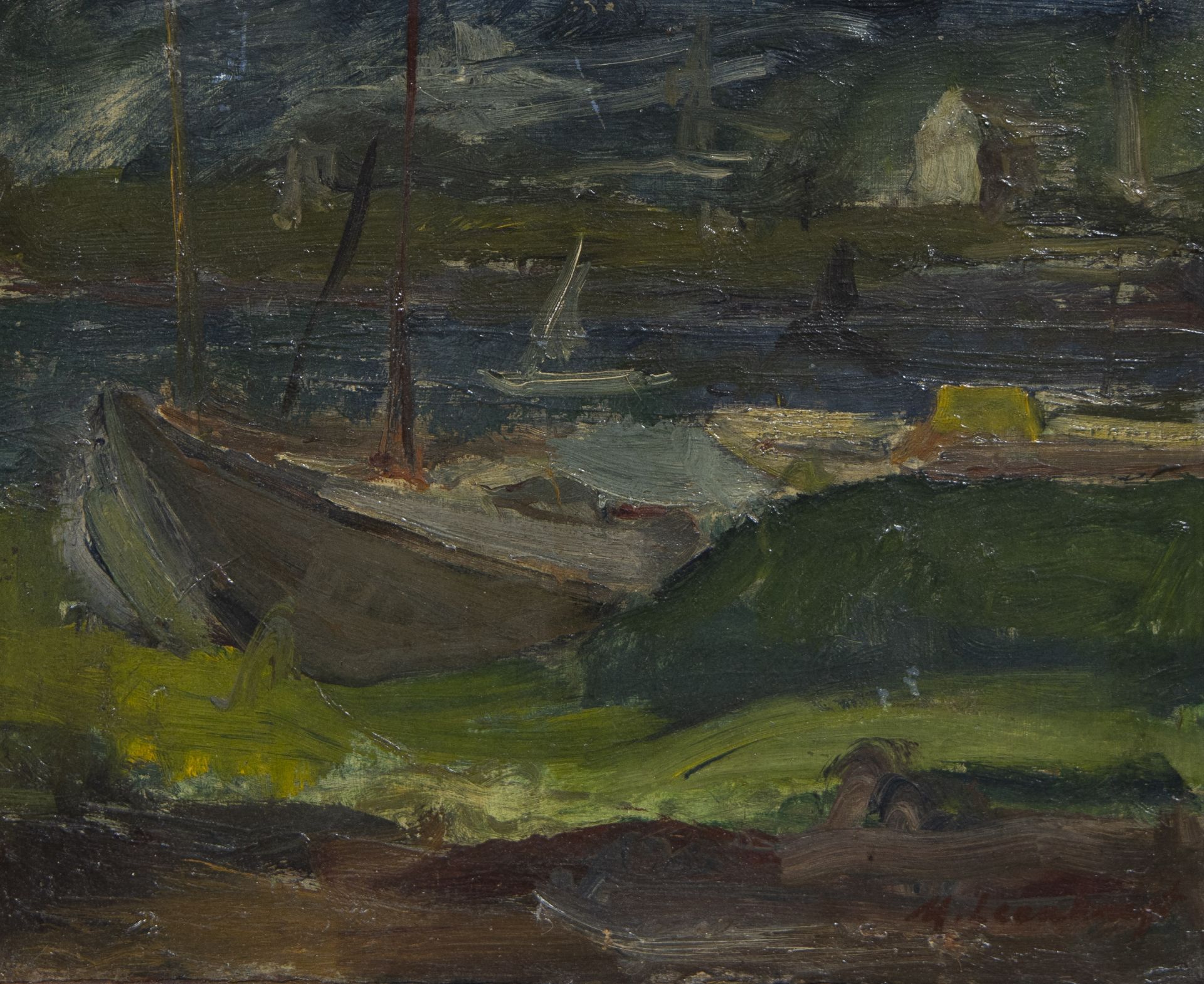 Michiel Leenknegt (1912-1985), oil on panel Fishing boats, signed