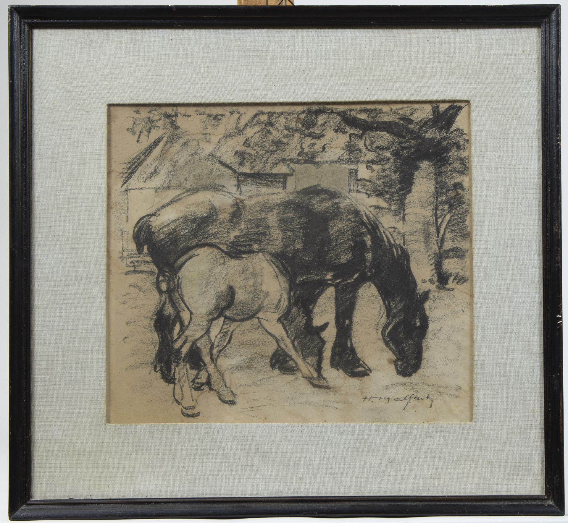 Hubert MALFAIT (1898-1971), charcoal drawing Horse with foal, signed - Image 2 of 3