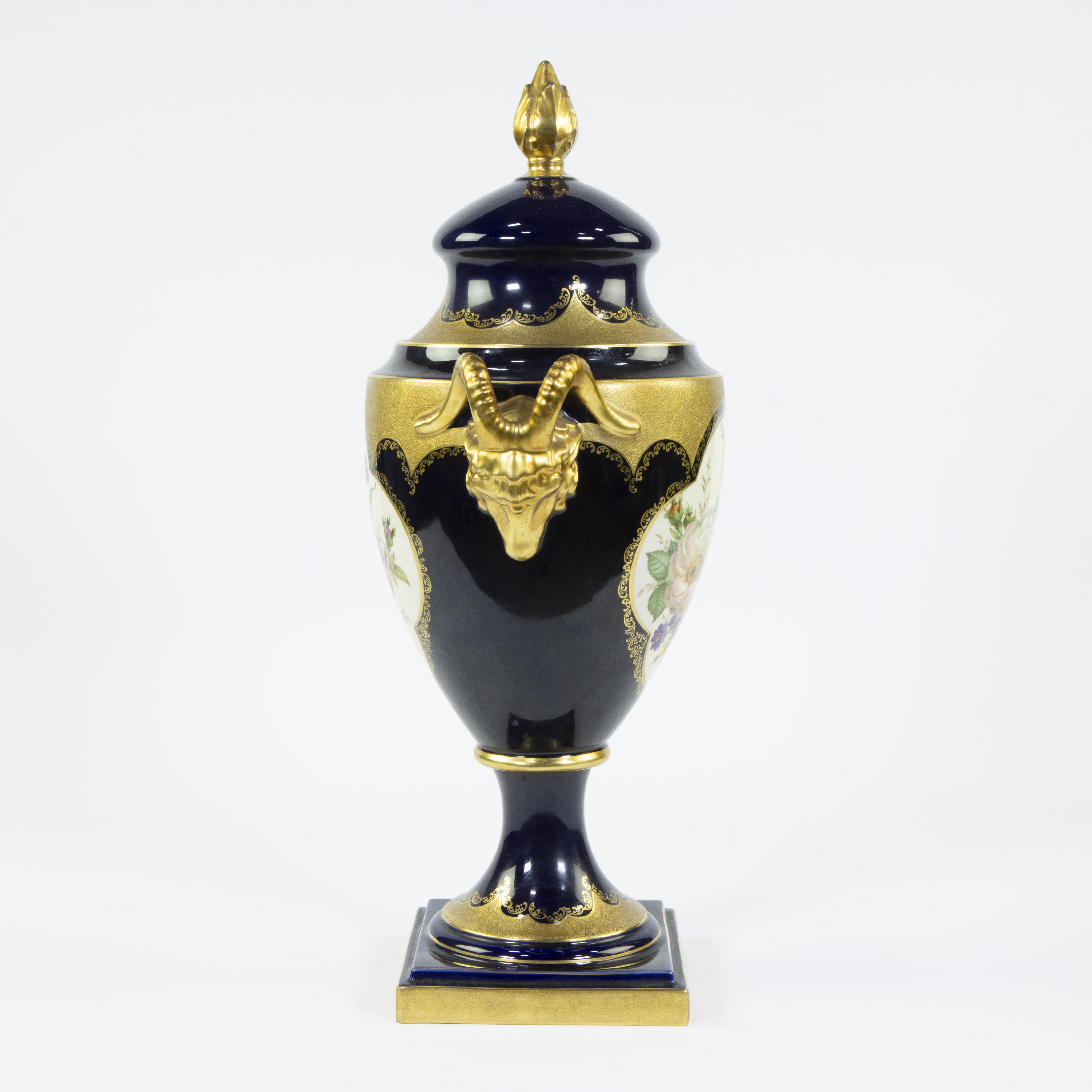 Lindner Kueps Bavaria cobalt blue and gilt porcelain vase with decoration of flowers and gilt rams h - Image 2 of 5