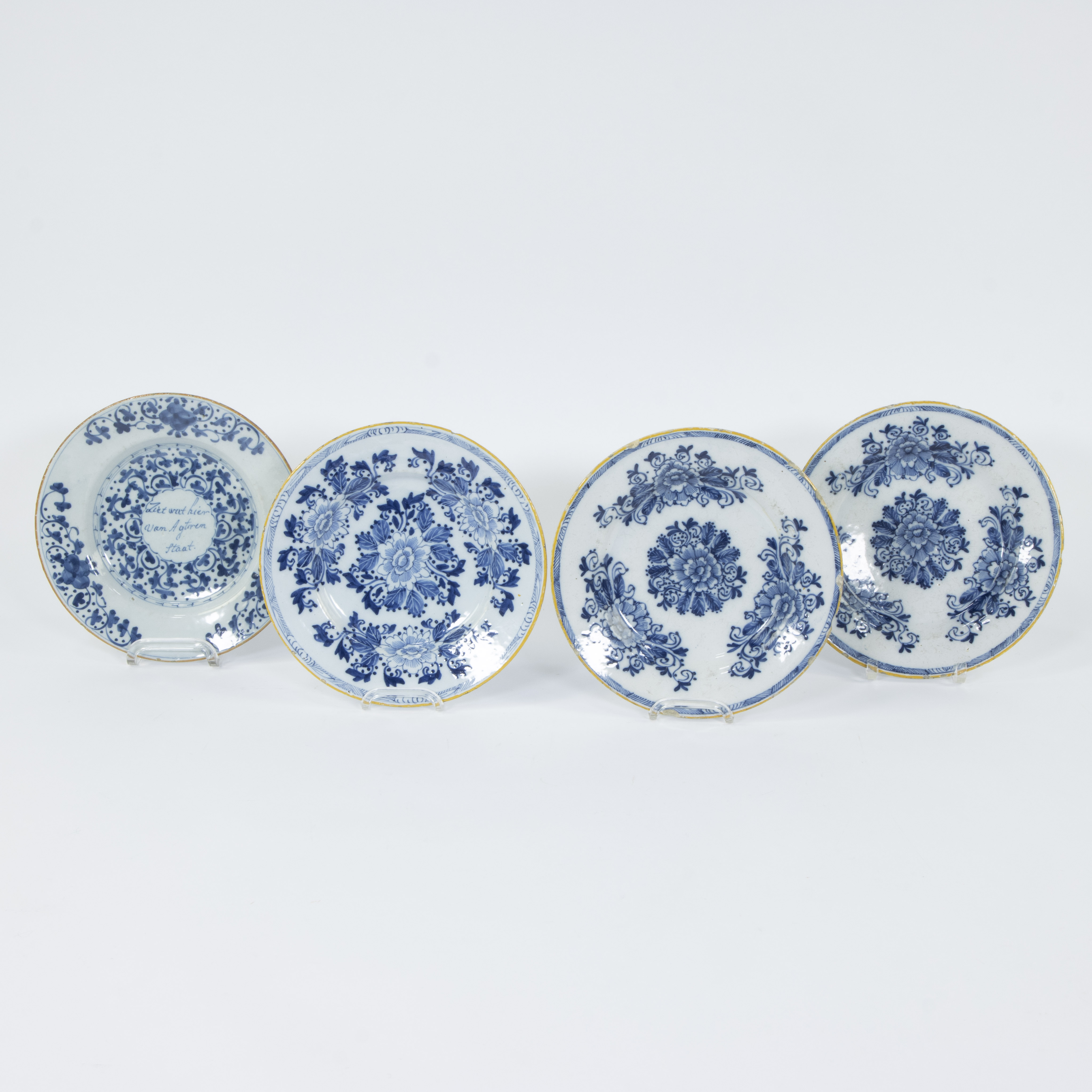 4 Delft plates, 18th century, The Claw (2) Van Den Briel - Greek A (1)