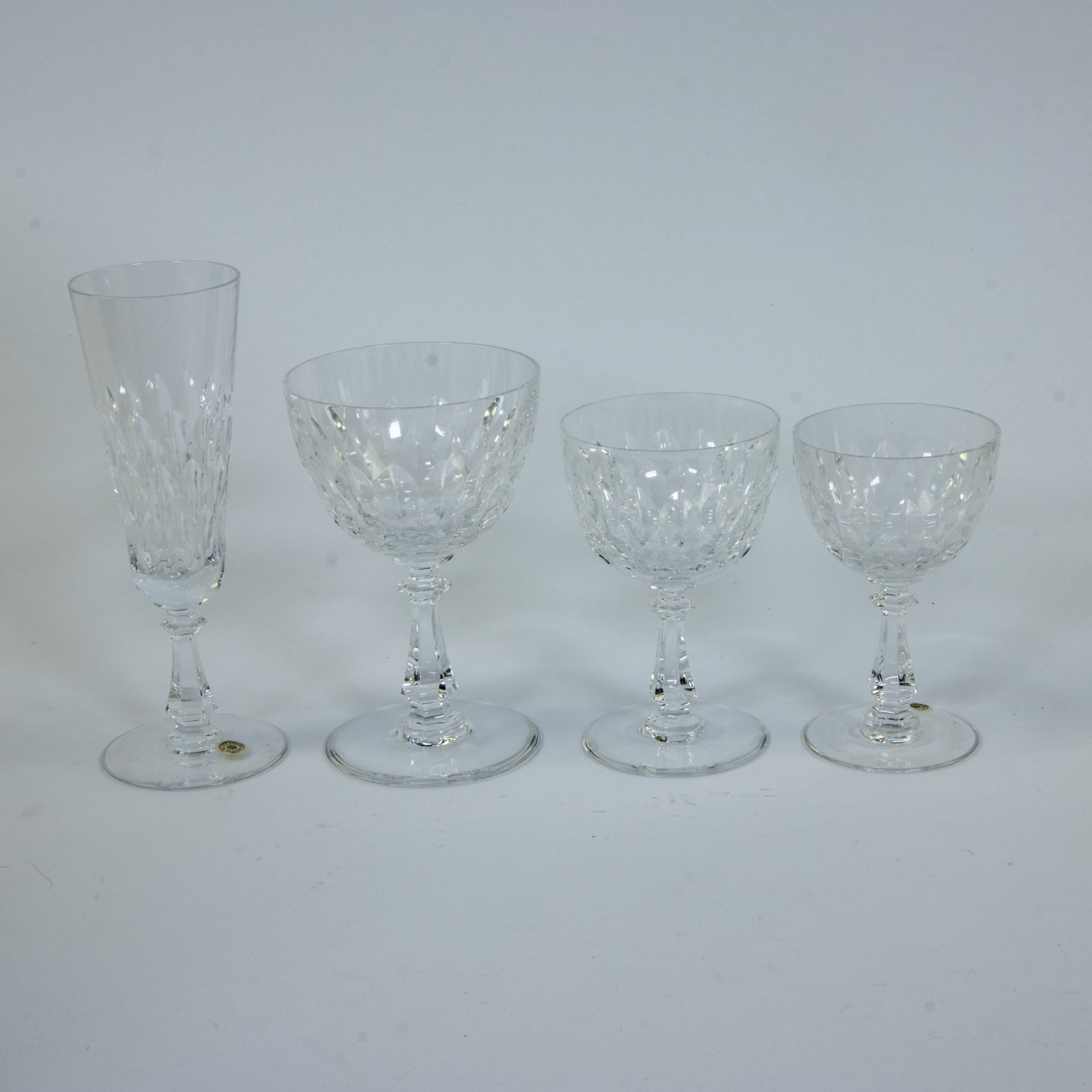 Val Saint Lambert clear cut crystal glass set, 12 champagne, 19 water, 19 red wine, 19 white wine gl