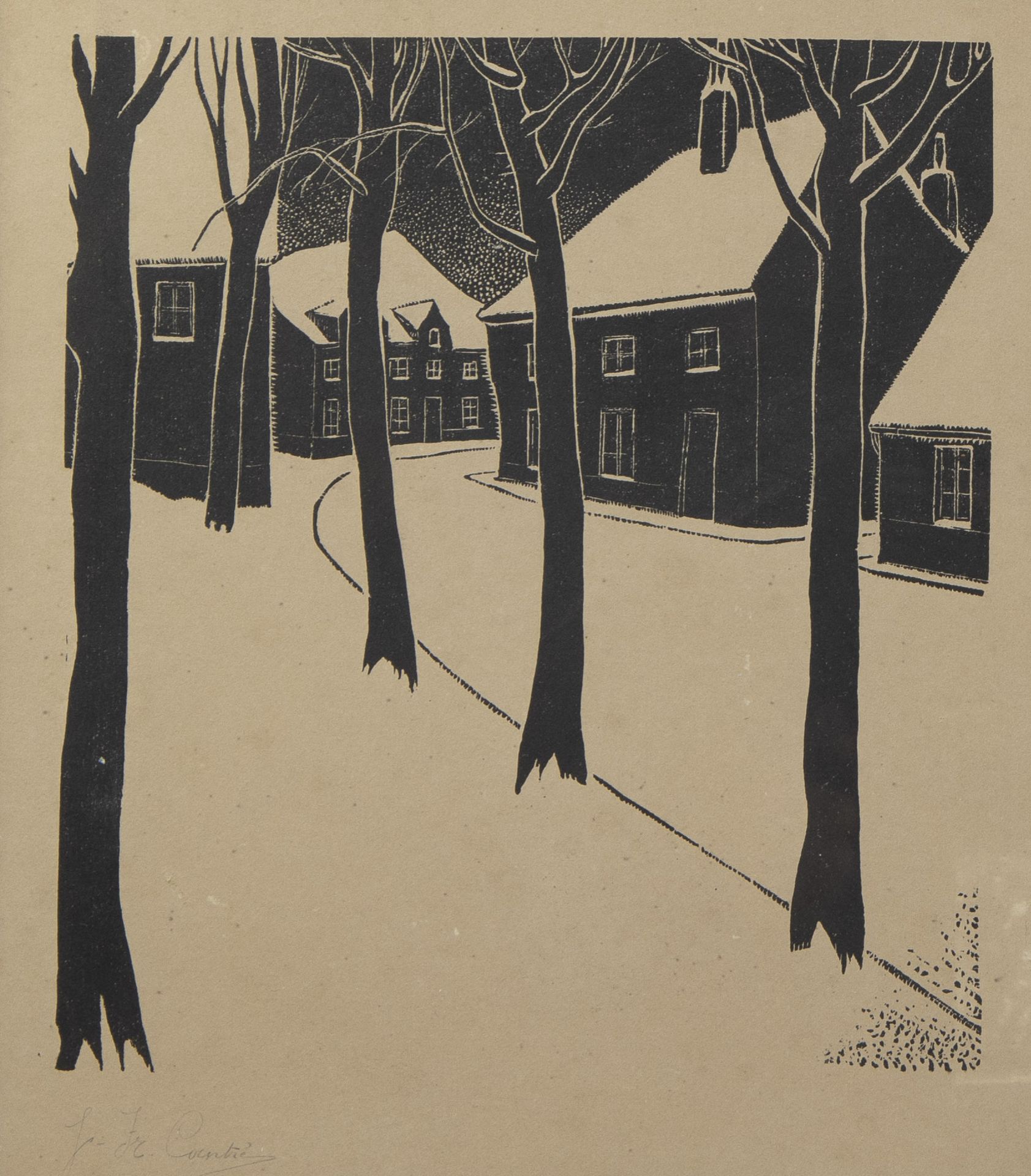 Jan Frans CANTRE (1886-1931), woodcut Winter View, signed, added Maurice LANGASKENS (1884-1946)