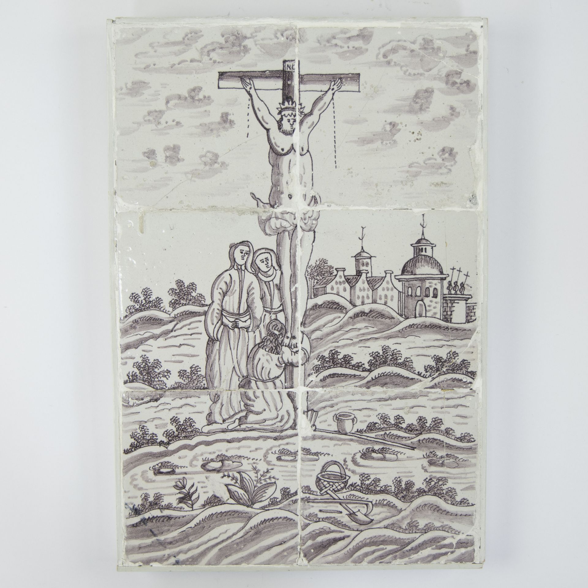 Manganese tile tableau depicting the Calvary, 19th century