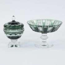 Val Saint Lambert lidded coupe and bowl on foot in green and clear cut crystal