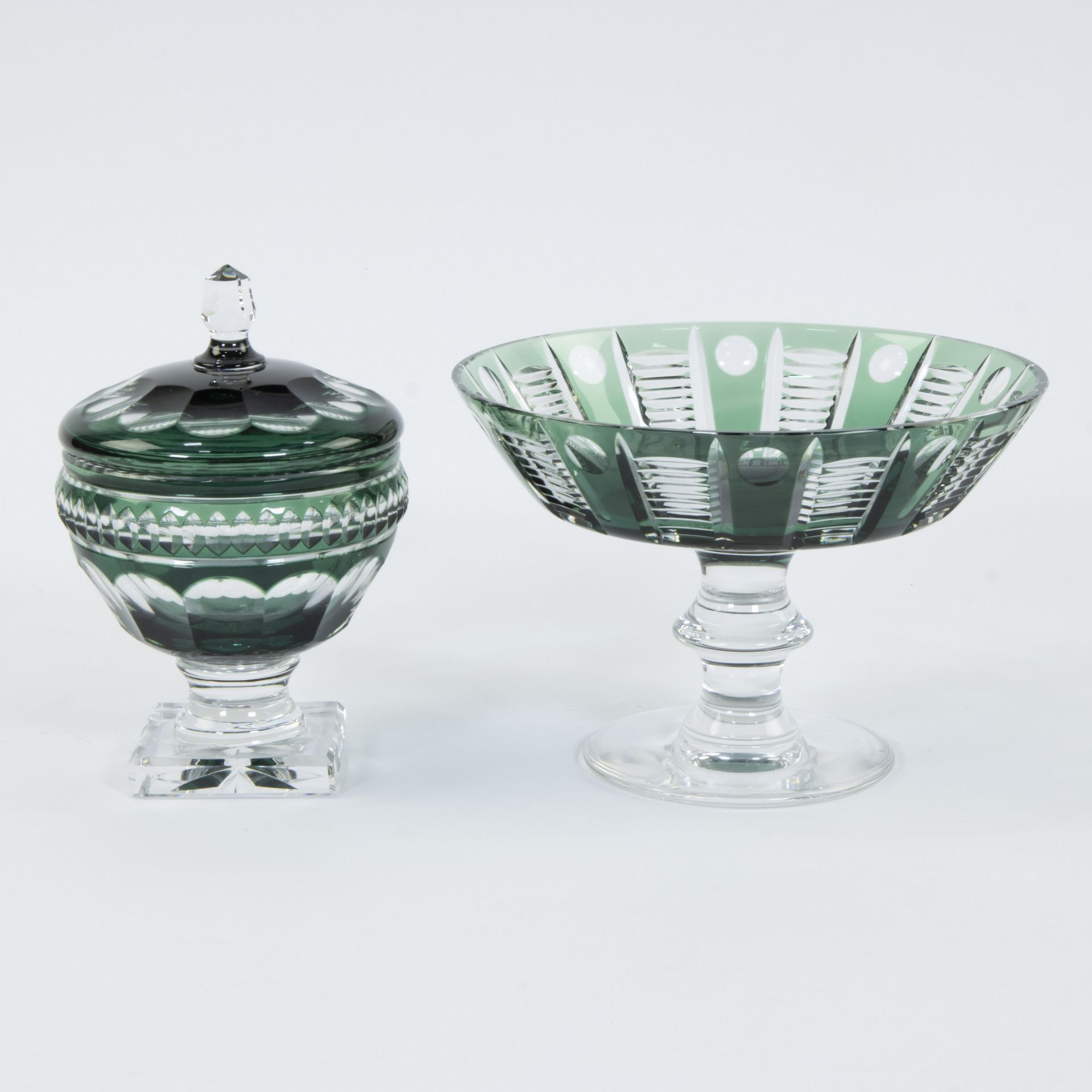 Val Saint Lambert lidded coupe and bowl on foot in green and clear cut crystal