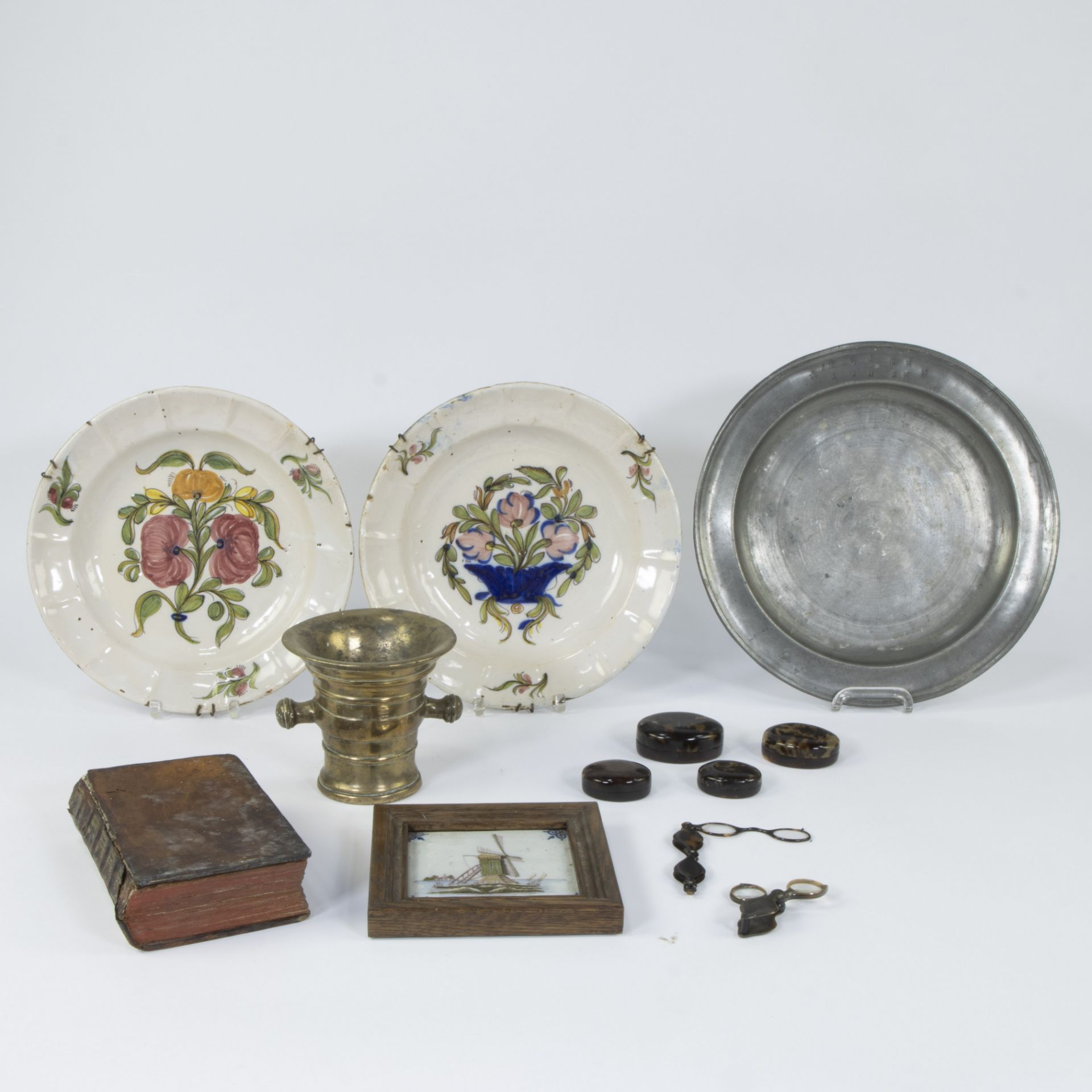 Collection of miscellaneous, 18th century French plates, pewter plate, mortar, boxes and lorgnettes