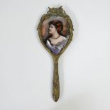 Bronze enamelled Art Nouveau hand mirror, ca 1920