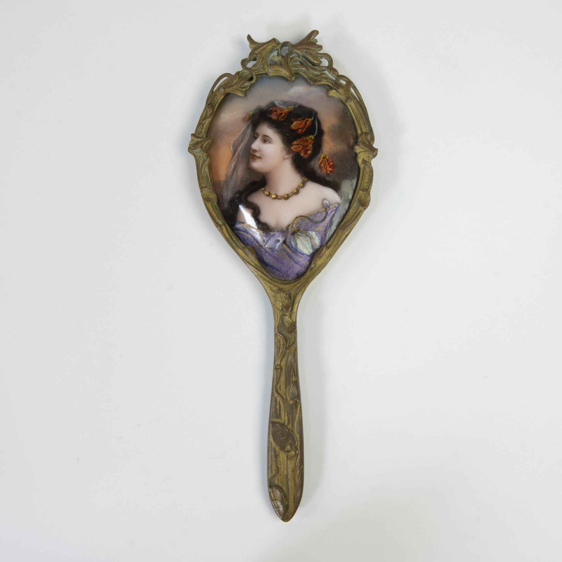 Bronze enamelled Art Nouveau hand mirror, ca 1920