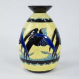 Boch Keramis Catteau vase with decor of stylised birds against a background of jagged waves and rais