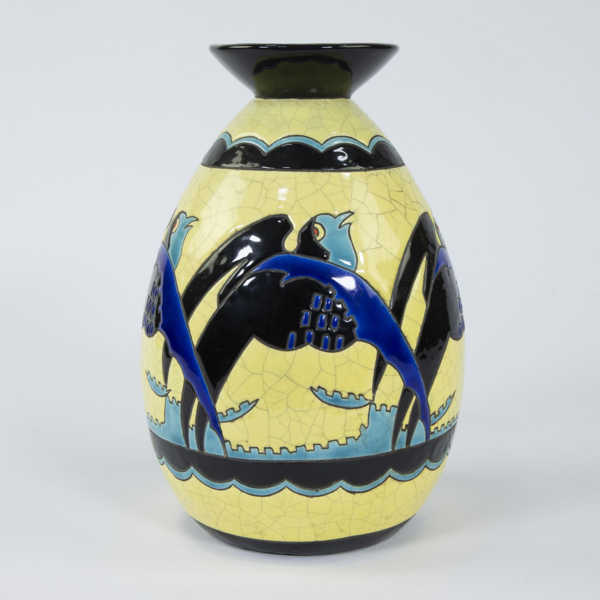 Boch Keramis Catteau vase with decor of stylised birds against a background of jagged waves and rais