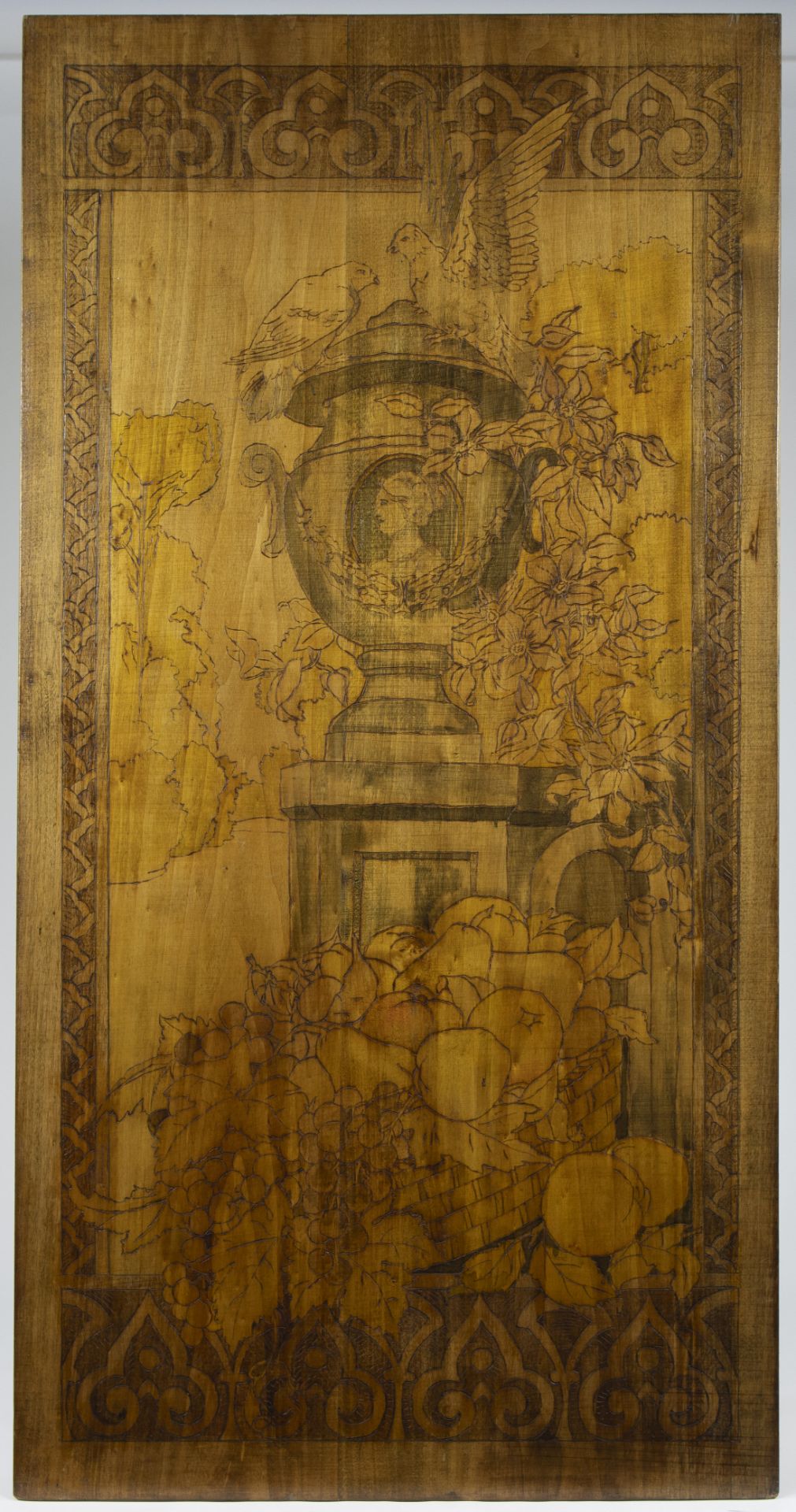 Pair of decorative wooden panels with decor of imposing garden vases and birds - Bild 2 aus 5