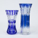 Val Saint Lambert 2 clear and blue cut crystal vases, one signed