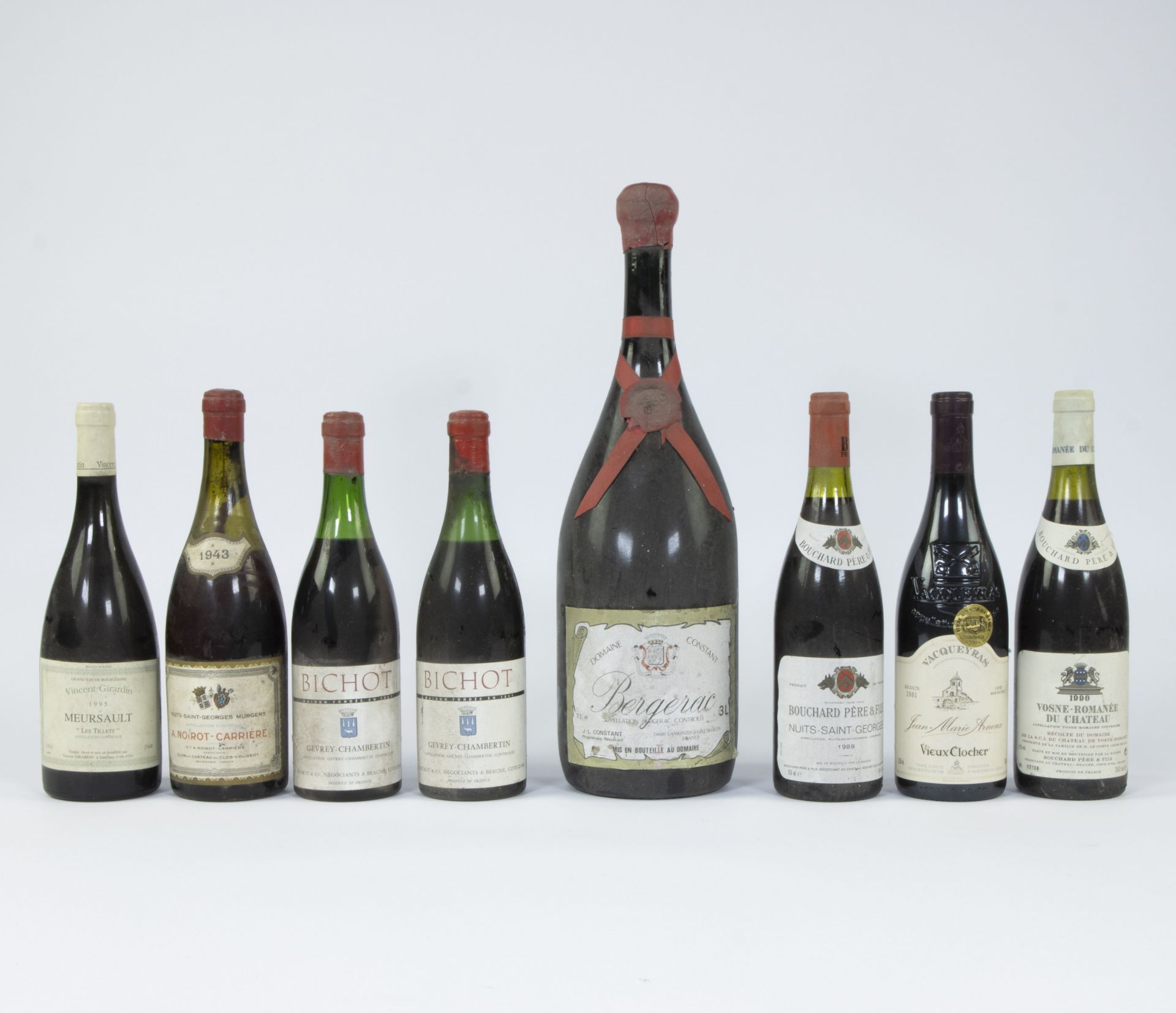 Various old wines Burgundy Meursault, Vosne Romanée, Gevrey Chambertin, Nuits Saint George and berge