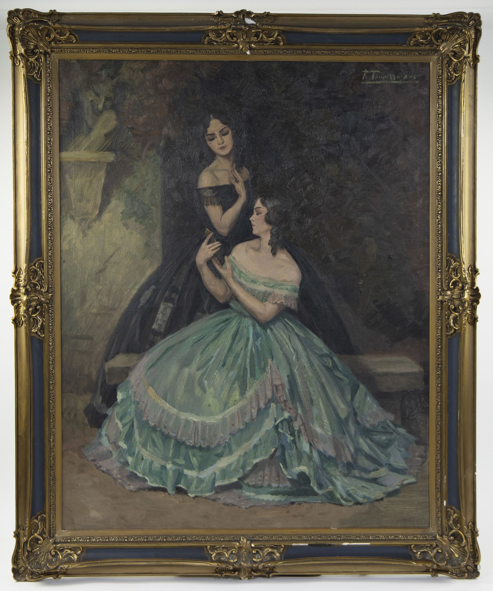 Belgian school 20th century, Oil on canvas Elegant ladies and the devil's head, signed - Image 2 of 4