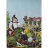 Antique poster Gnome with vegetables by Thüringer Kunstanstalt, signed Mittelhauser, circa 1920