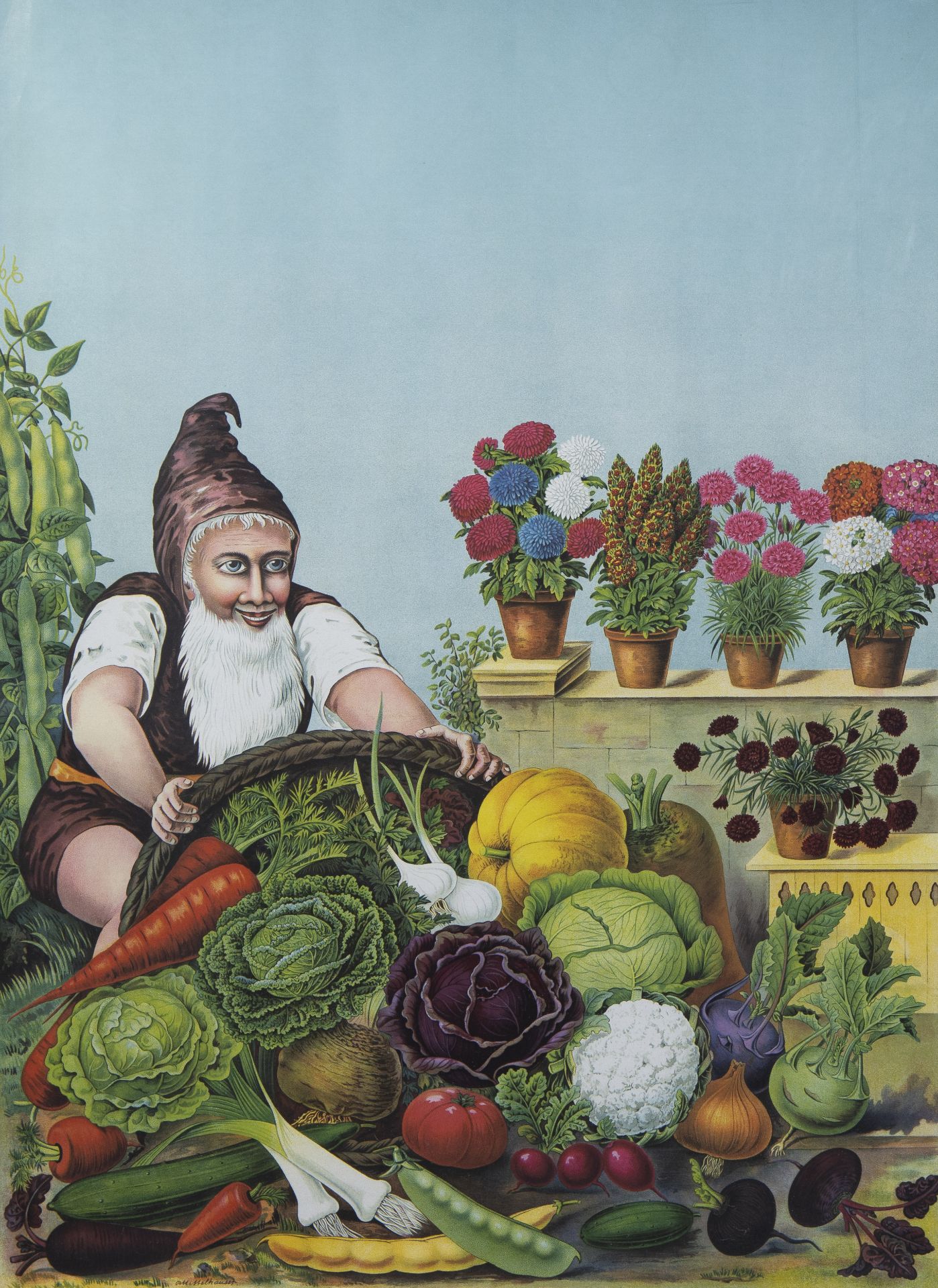 Antique poster Gnome with vegetables by Thüringer Kunstanstalt, signed Mittelhauser, circa 1920