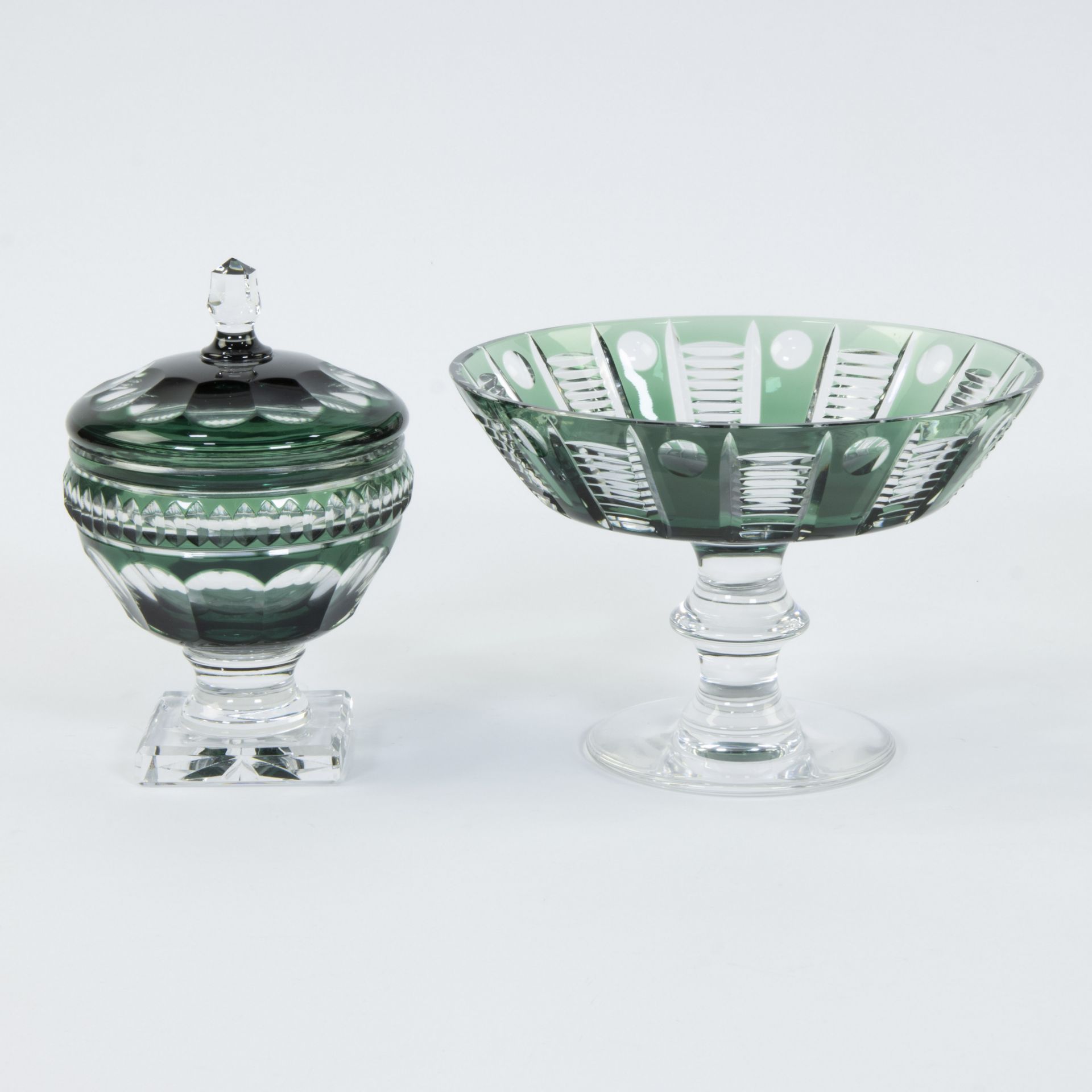 Val Saint Lambert lidded coupe and bowl on foot in green and clear cut crystal - Bild 3 aus 6