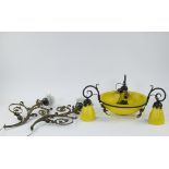 Collection of Art Nouveau chandelier with shades in yellow glass paste and 3 bronze wall fittings, m