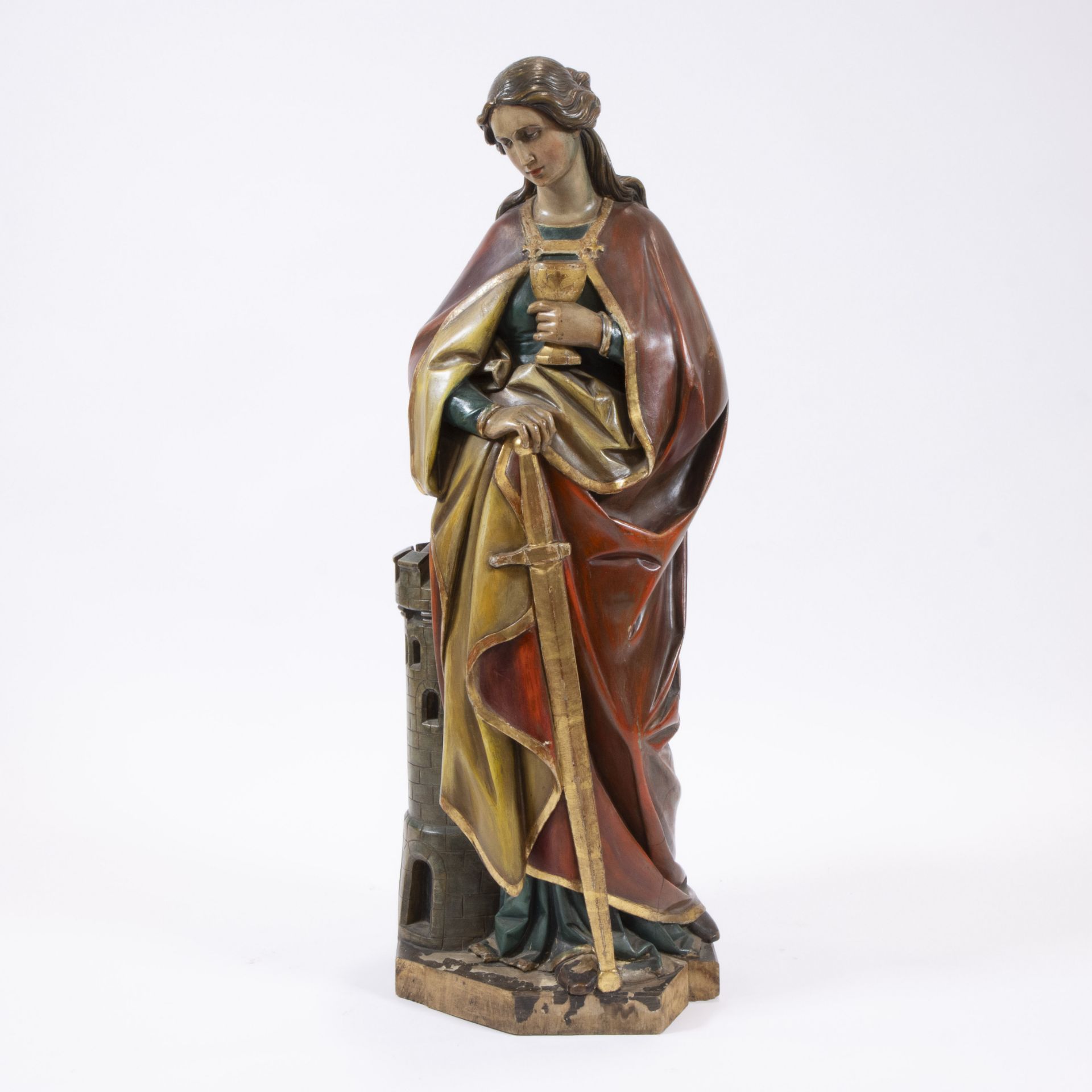 Beautiful full-round carved saint statue with intact polychromy of St Barbara, 19th century