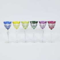 6 coloured crystal glasses Val Saint Lambert, with original label