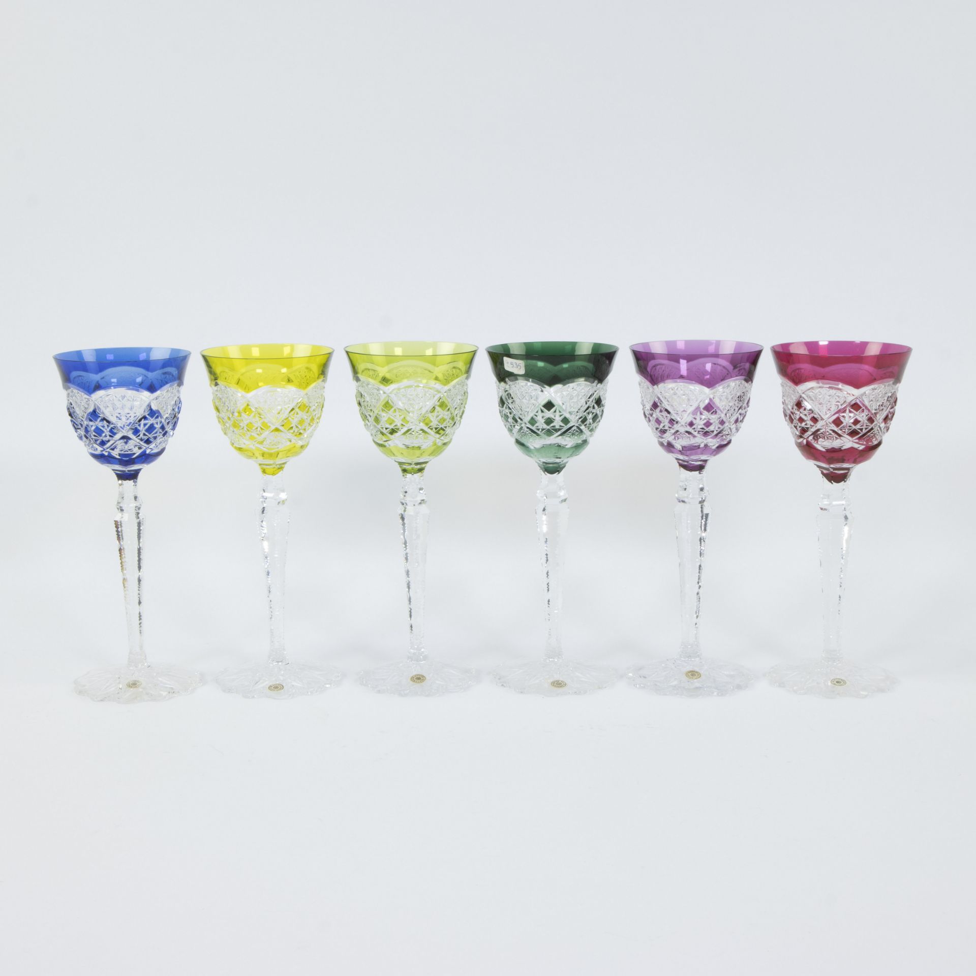 6 coloured crystal glasses Val Saint Lambert, with original label